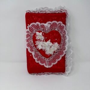 Vintage Red Satin Heart Lace Photo Album Floral Damask 3-Ring Binder Keepsake